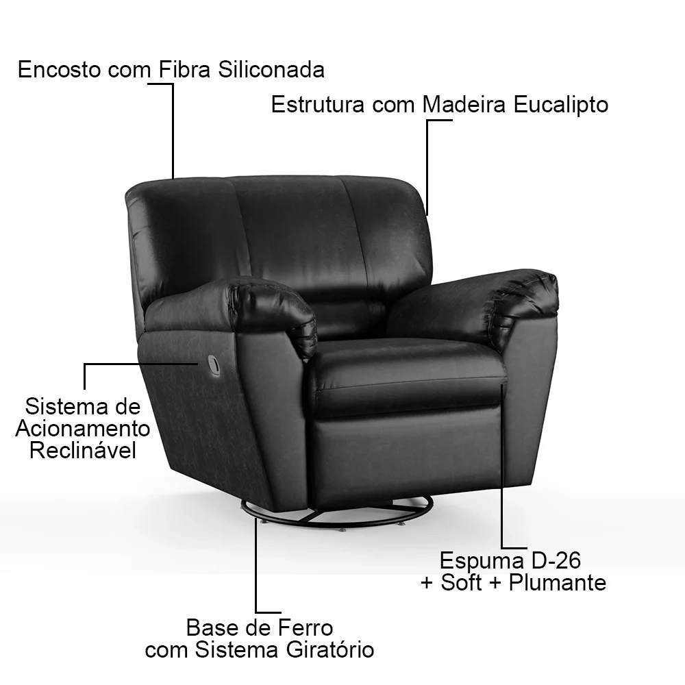Poltrona do Papai Reclinável Retrátil Taty D05 Corano Preto - Mpozenato
