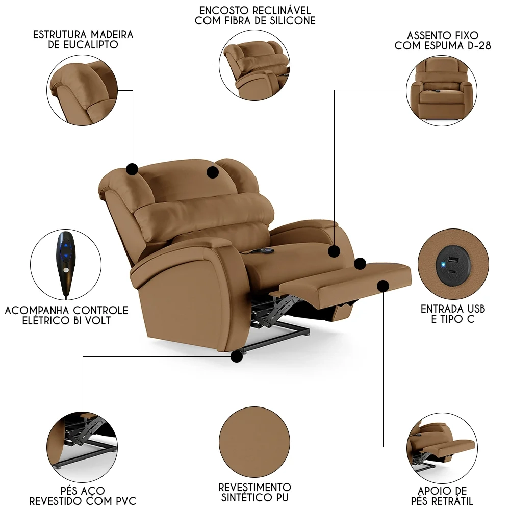 Poltrona do Papai Reclinável Kalie Controle Power Elétrico USB FH9 PU Caramelo - Mpozenato