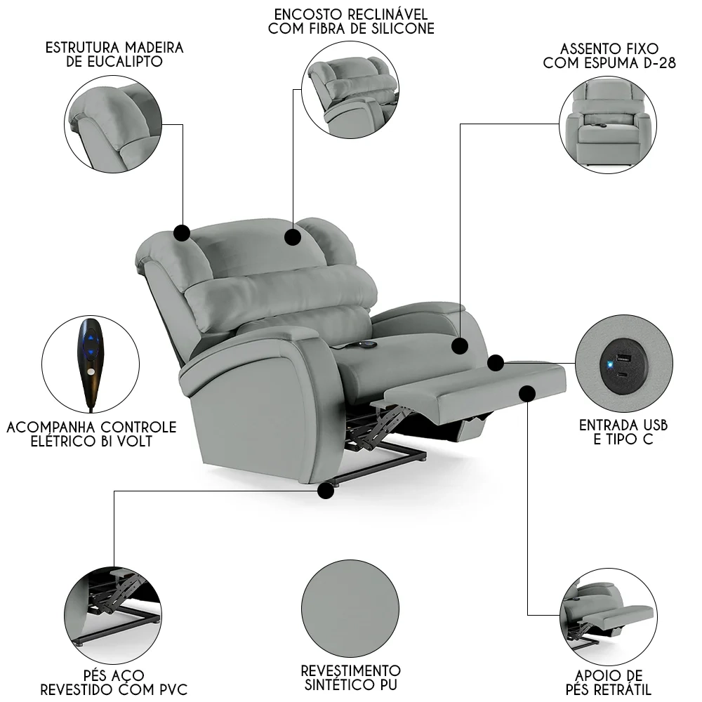 Poltrona do Papai Reclinável Kalie Controle Power Elétrico USB FH9 PU Cinza - Mpozenato