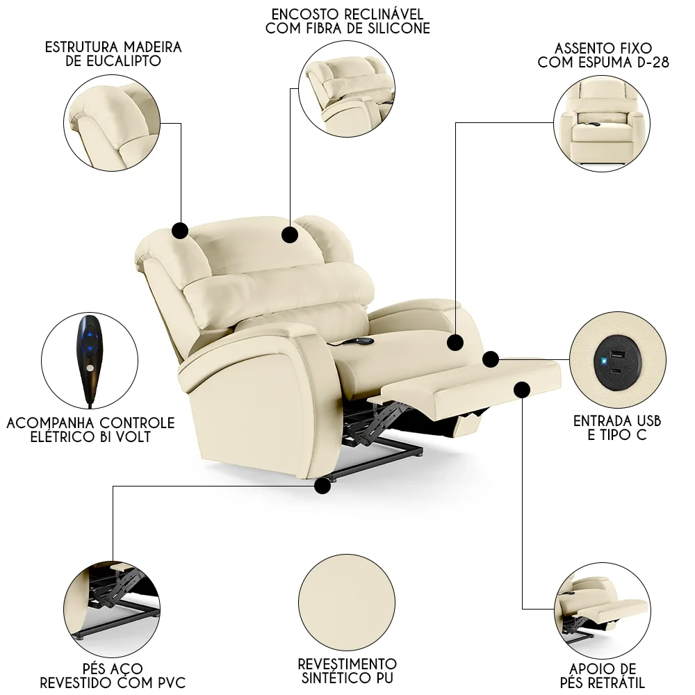 Poltrona do Papai Reclinável Kalie Controle Power Elétrico USB FH9 PU Bege - Mpozenato