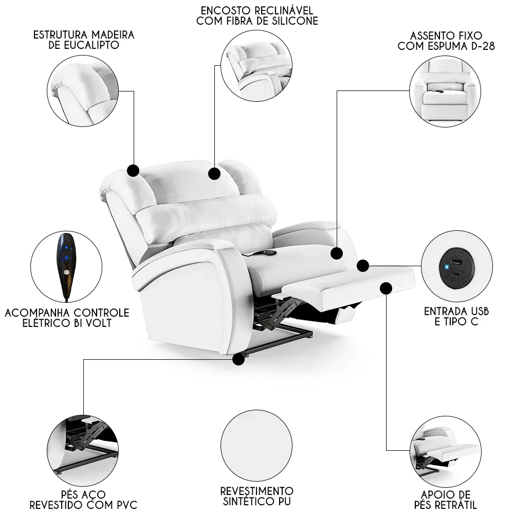 Poltrona do Papai Reclinável Kalie Controle Power Elétrico USB FH9 PU Branco - Mpozenato