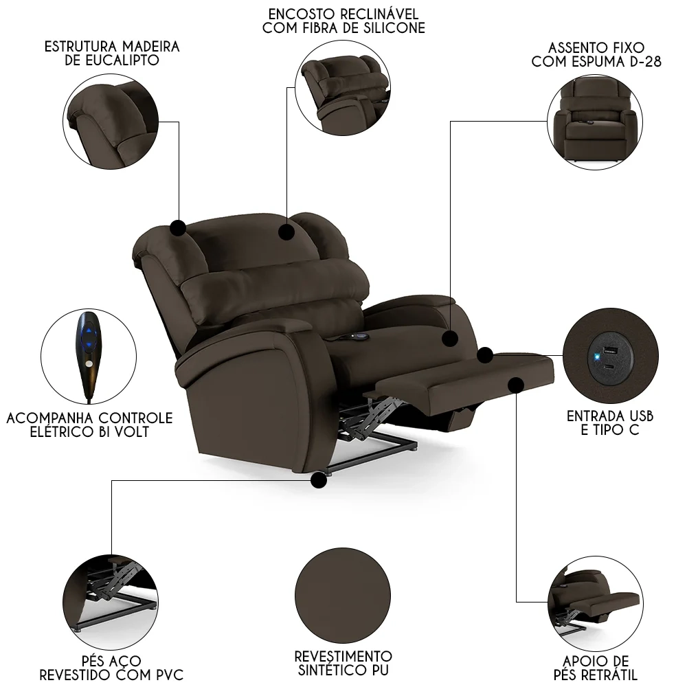 Poltrona do Papai Reclinável Kalie Controle Power Elétrico USB FH9 PU Marrom - Mpozenato