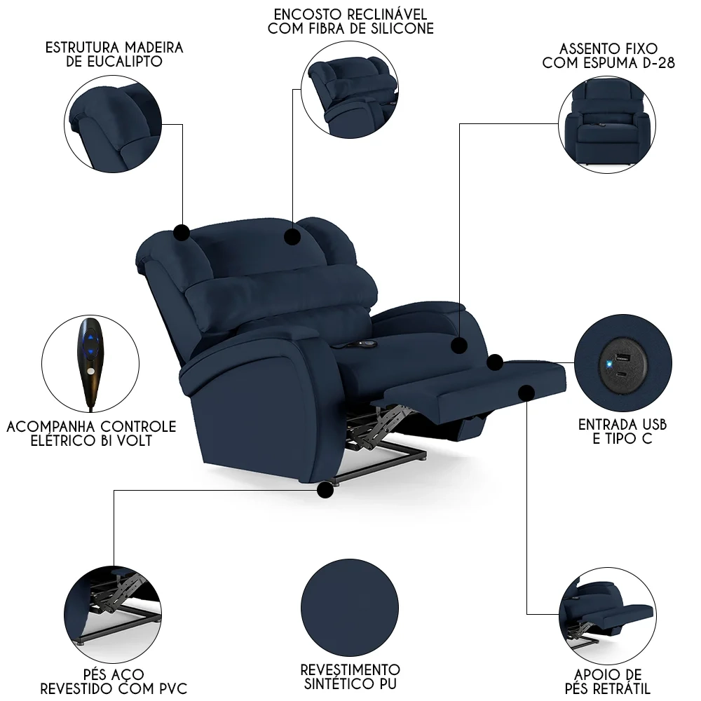 Poltrona do Papai Reclinável Kalie Controle Power Elétrico USB FH9 PU Azul - Mpozenato