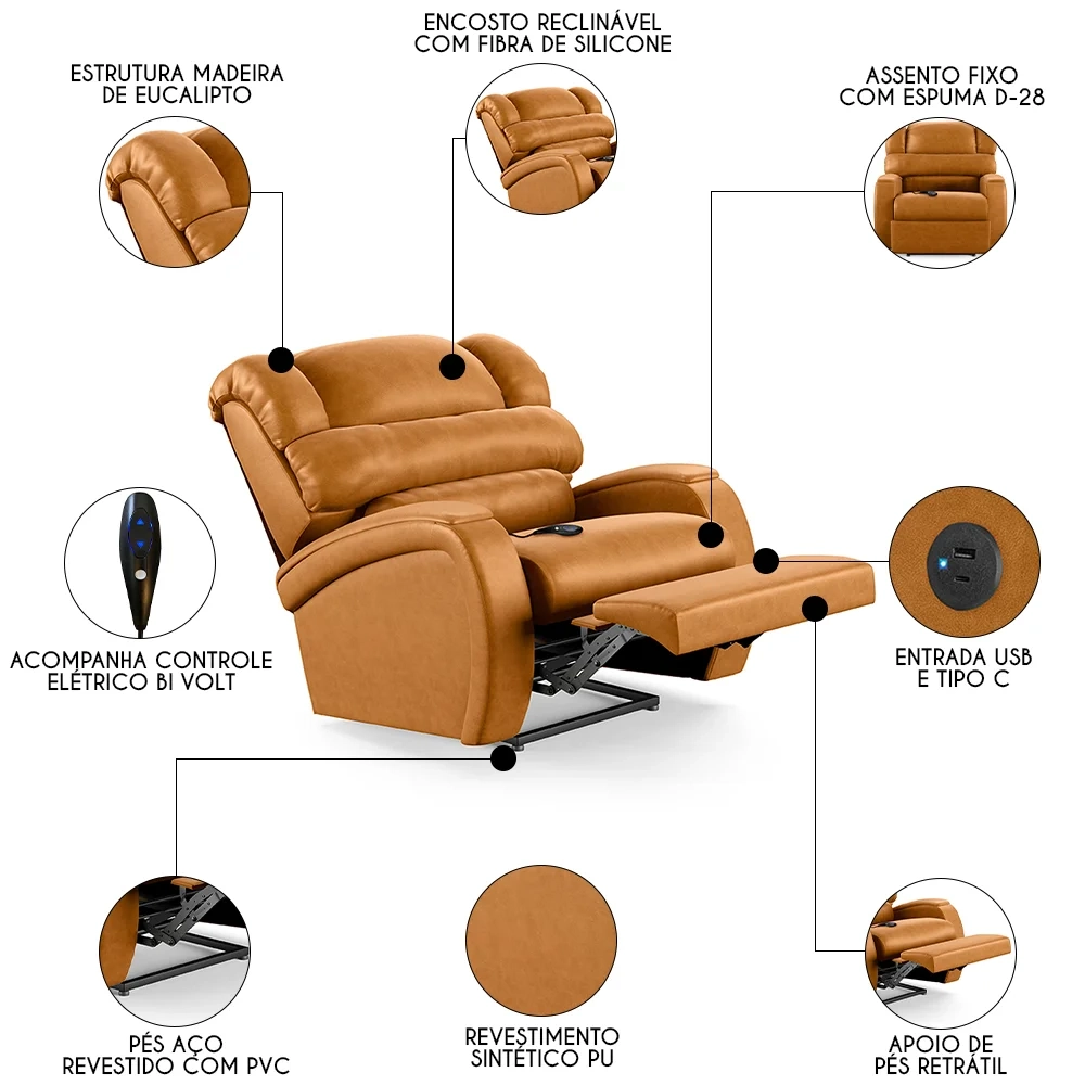 Poltrona do Papai Reclinável Kalie Controle Power Elétrico USB FH9 PU Whisky - Mpozenato