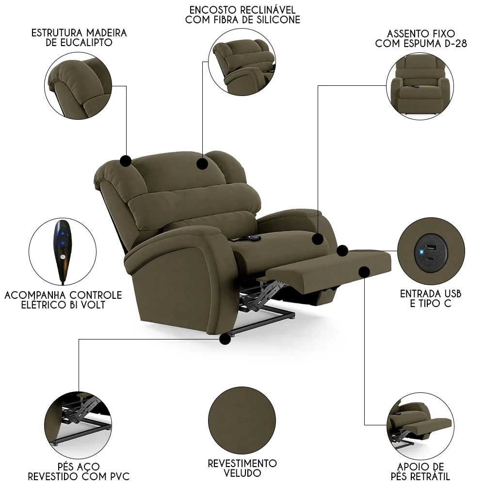 Poltrona do Papai Reclinável Kalie Controle Power Elétrico USB FH9 Veludo Capuccino - Mpozenato