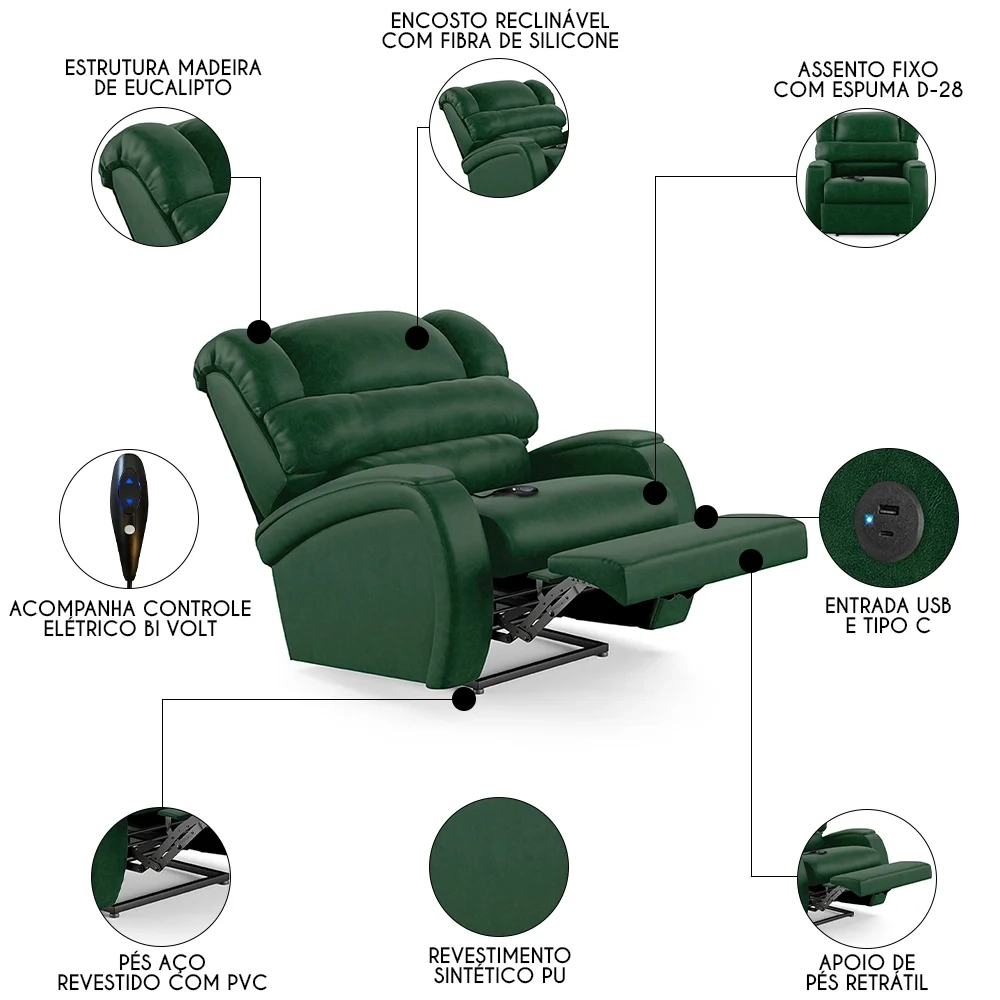 Poltrona do Papai Reclinável Kalie Controle Power Elétrico USB FH9 PU Verde Musgo - Mpozenato
