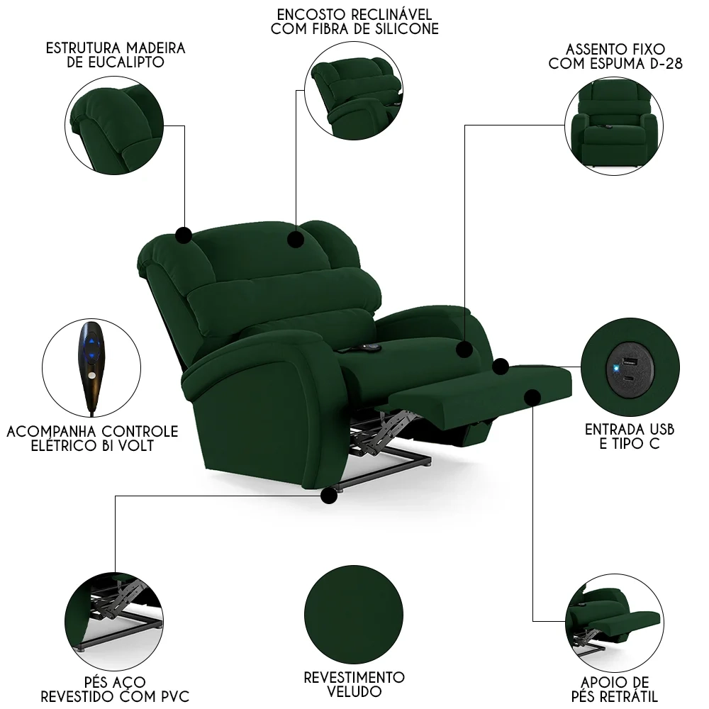 Poltrona do Papai Reclinável Kalie Controle Power Elétrico USB FH9 Veludo Verde - Mpozenato
