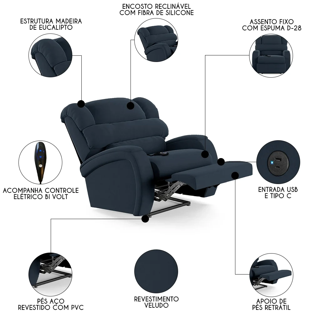 Poltrona do Papai Reclinável Kalie Controle Power Elétrico USB FH9 Veludo Azul - Mpozenato