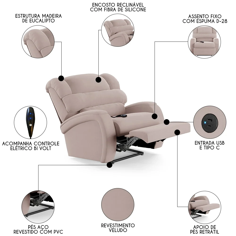 Poltrona do Papai Reclinável Kalie Controle Power Elétrico USB FH9 Veludo Rosê - Mpozenato