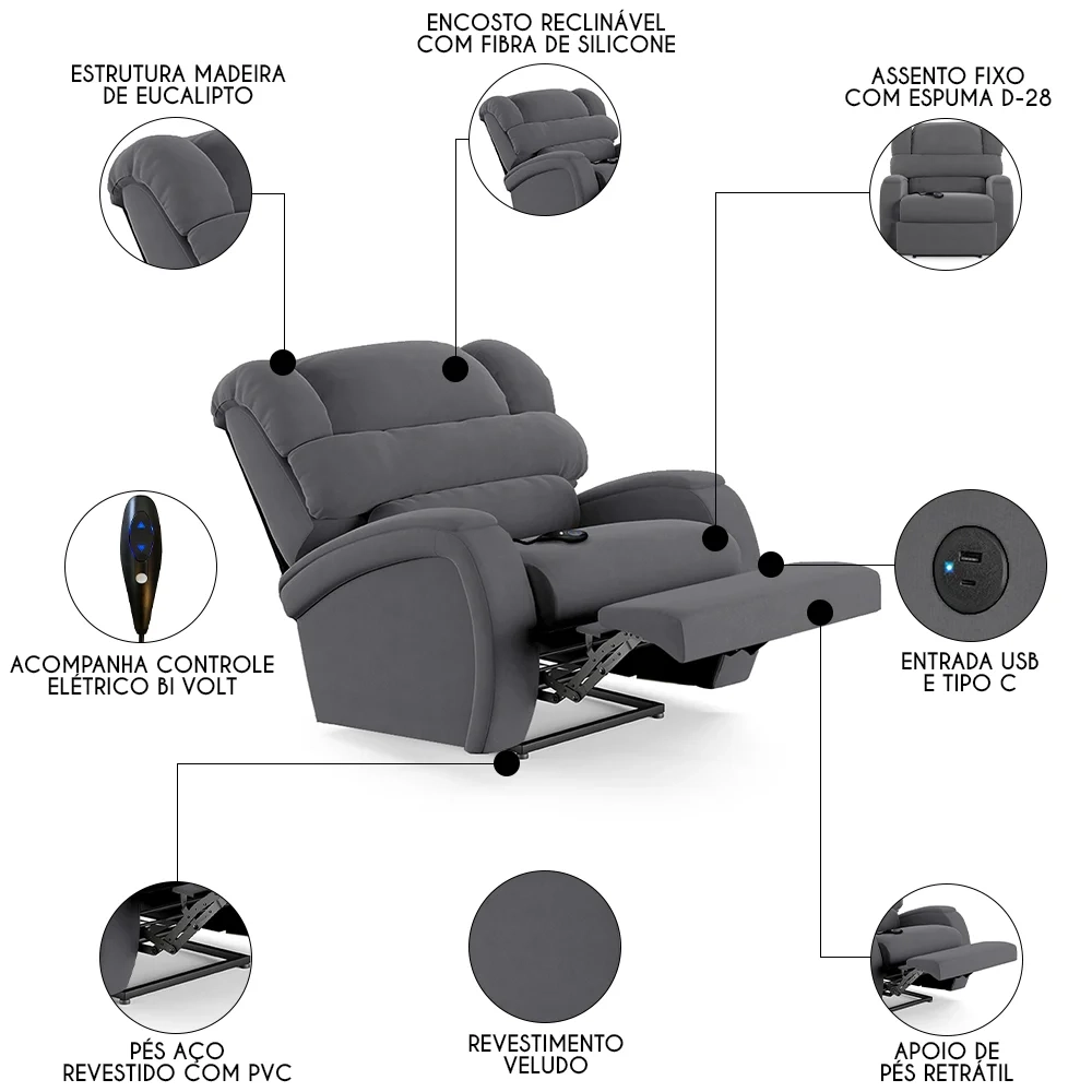Poltrona do Papai Reclinável Kalie Controle Power Elétrico USB FH9 Veludo Cinza - Mpozenato