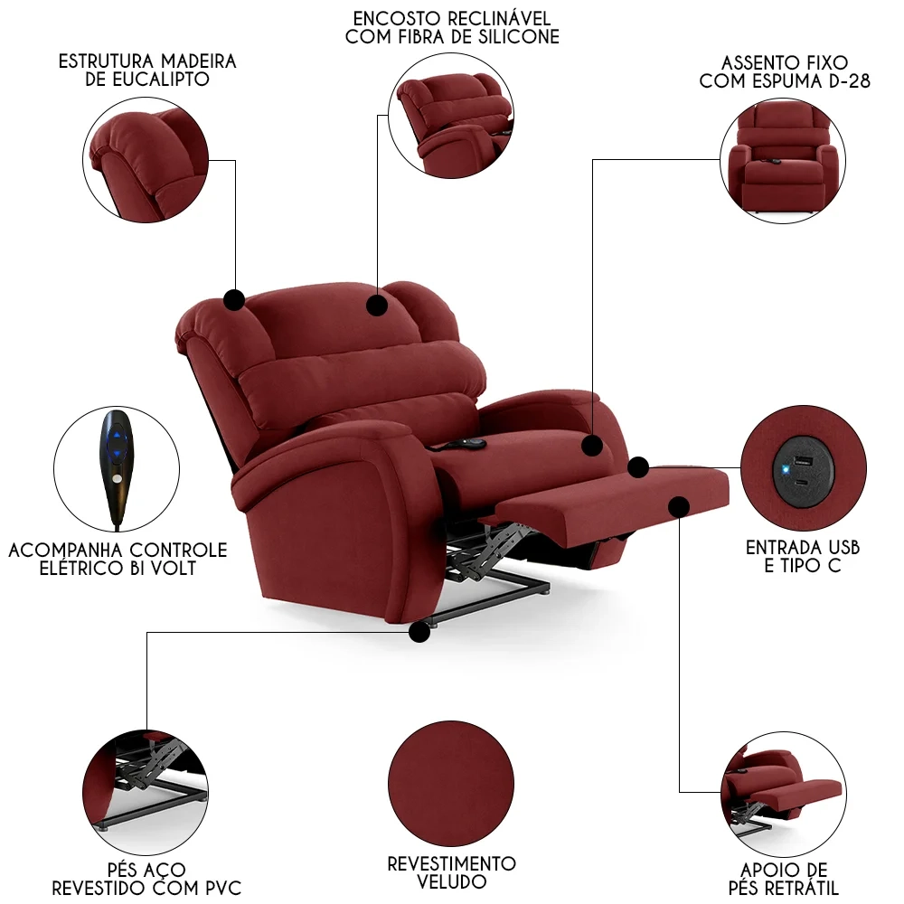 Poltrona do Papai Reclinável Kalie Controle Power Elétrico USB FH9 Veludo Vermelho - Mpozenato