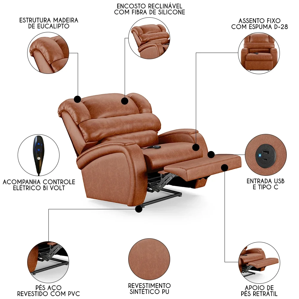 Poltrona do Papai Reclinável Kalie Controle Power Elétrico USB FH9 PU Caramelo Brilho - Mpozenato