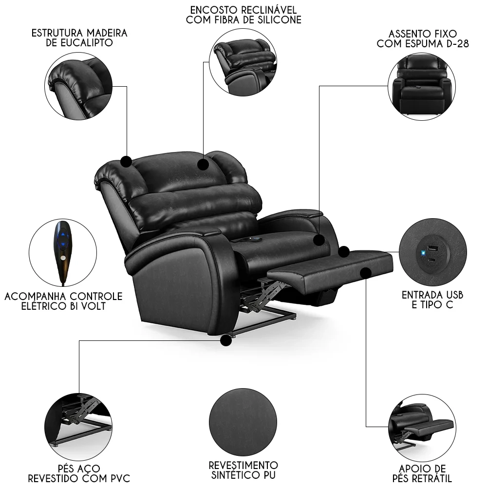 Poltrona do Papai Reclinável Kalie Controle Power Elétrico USB FH9 PU Preto Brilho - Mpozenato