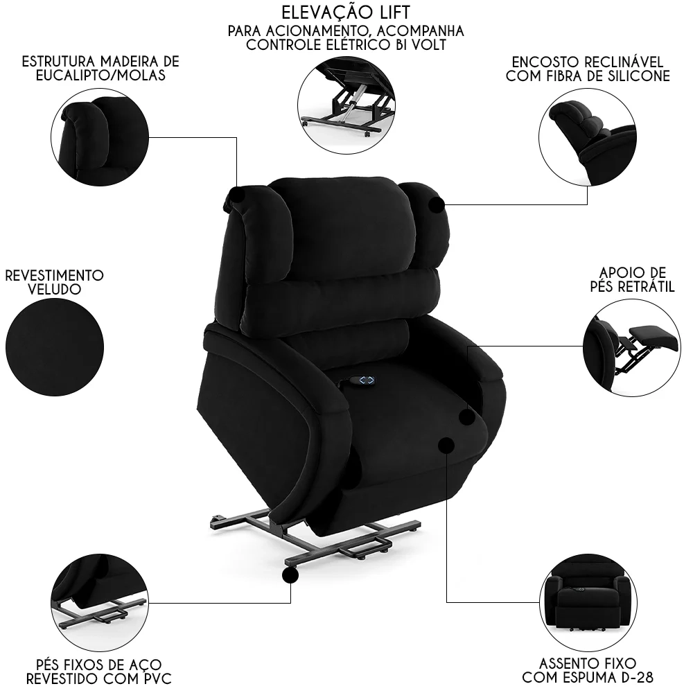 Poltrona do Papai Reclinável Kalie Elevação Lift Elétrico FH9 Veludo Preto - Mpozenato