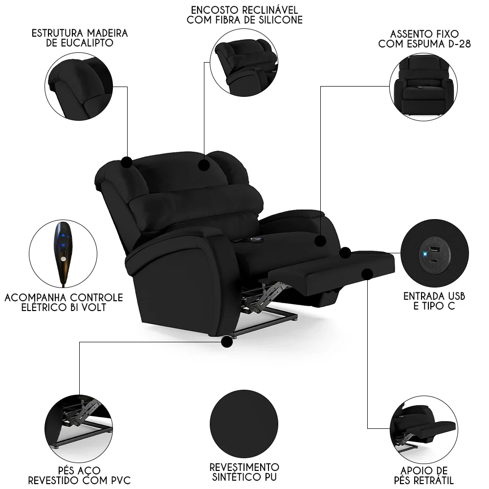 Poltrona do Papai Reclinável Kalie Controle Power Elétrico USB FH9 PU Preto - Mpozenato