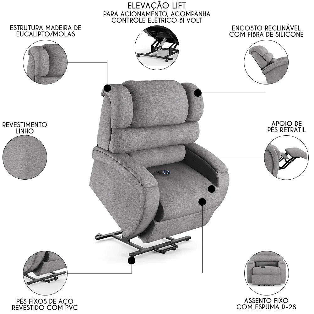 Poltrona do Papai Reclinável Kalie Elevação Lift Elétrico FH9 Linho Cinza - Mpozenato
