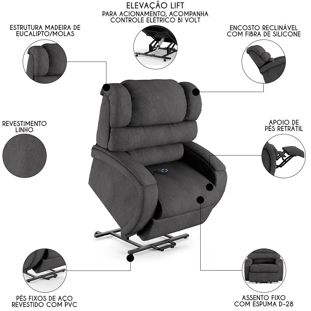Poltrona do Papai Reclinável Kalie Elevação Lift Elétrico FH9 Linho Grafite - Mpozenato