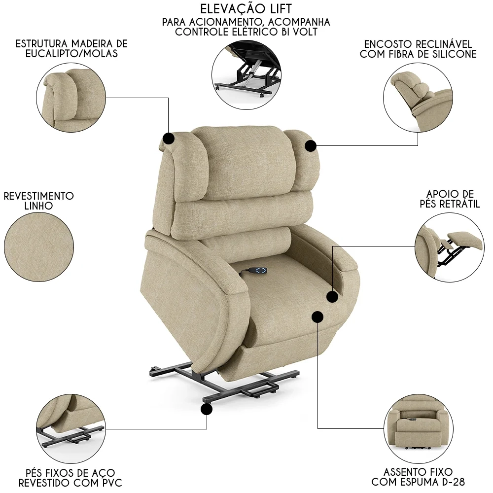 Poltrona do Papai Reclinável Kalie Elevação Lift Elétrico FH9 Linho Bege - Mpozenato