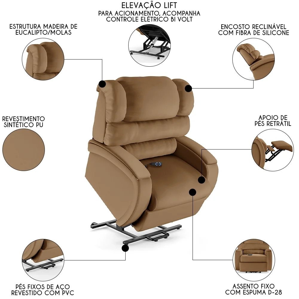 Poltrona do Papai Reclinável Kalie Elevação Lift Elétrico FH9 PU Caramelo - Mpozenato