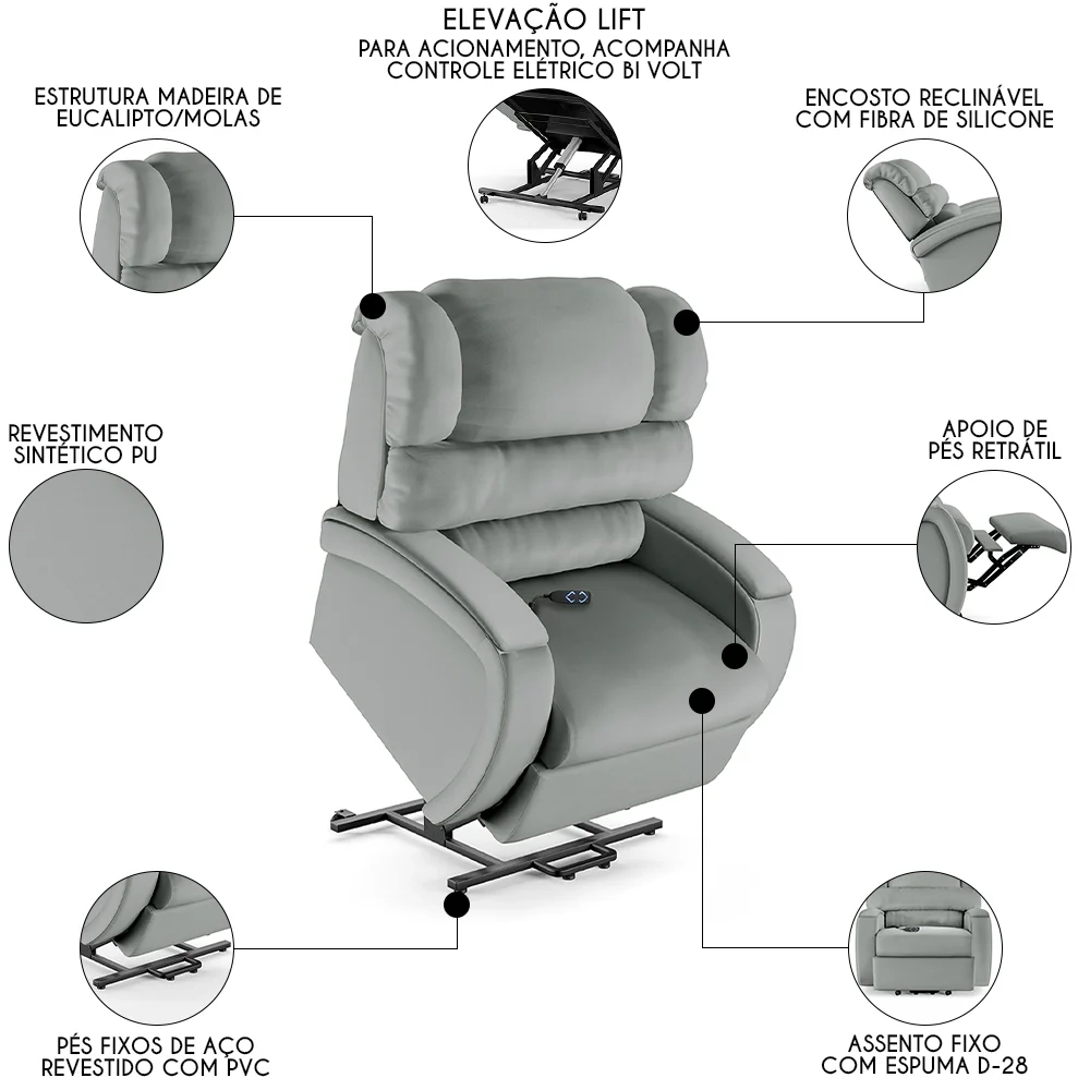 Poltrona do Papai Reclinável Kalie Elevação Lift Elétrico FH9 PU Cinza - Mpozenato