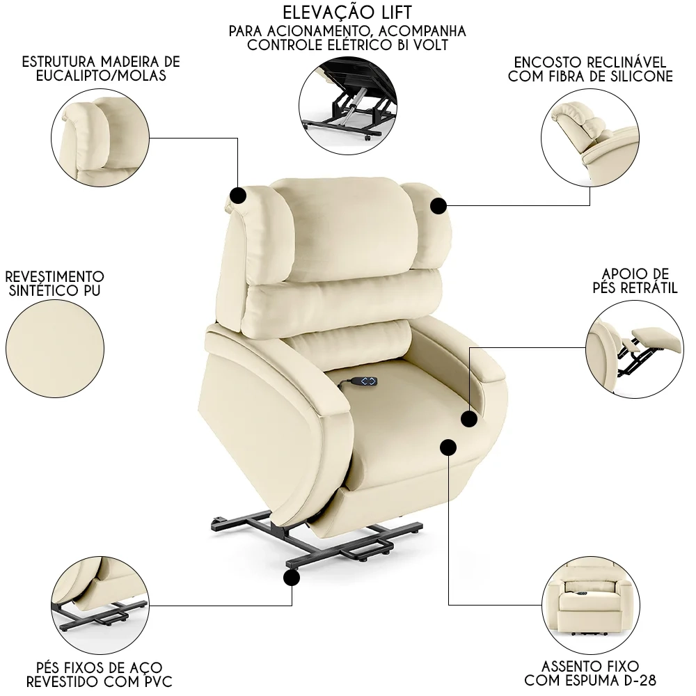 Poltrona do Papai Reclinável Kalie Elevação Lift Elétrico FH9 PU Bege - Mpozenato