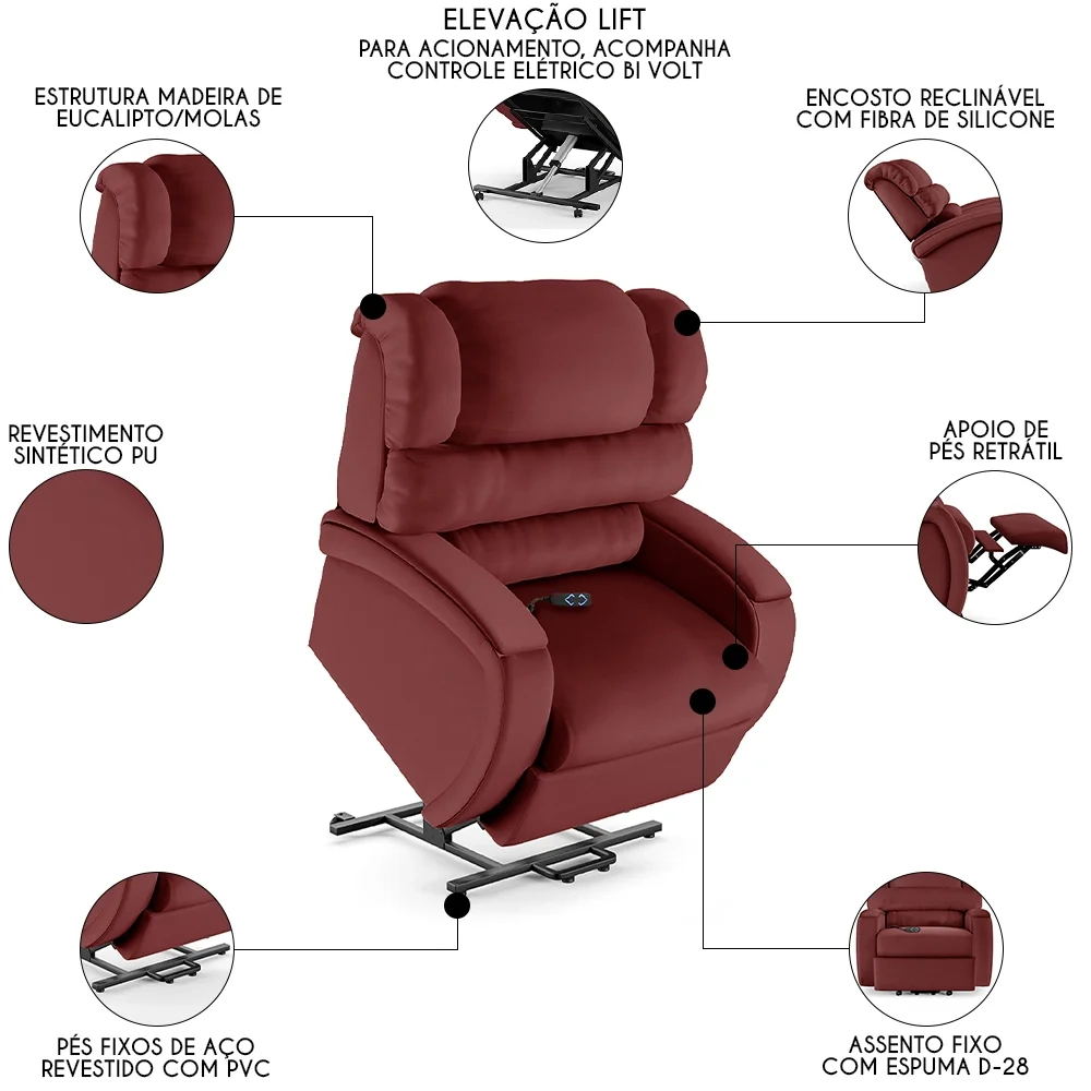 Poltrona do Papai Reclinável Kalie Elevação Lift Elétrico FH9 PU Vermelho - Mpozenato