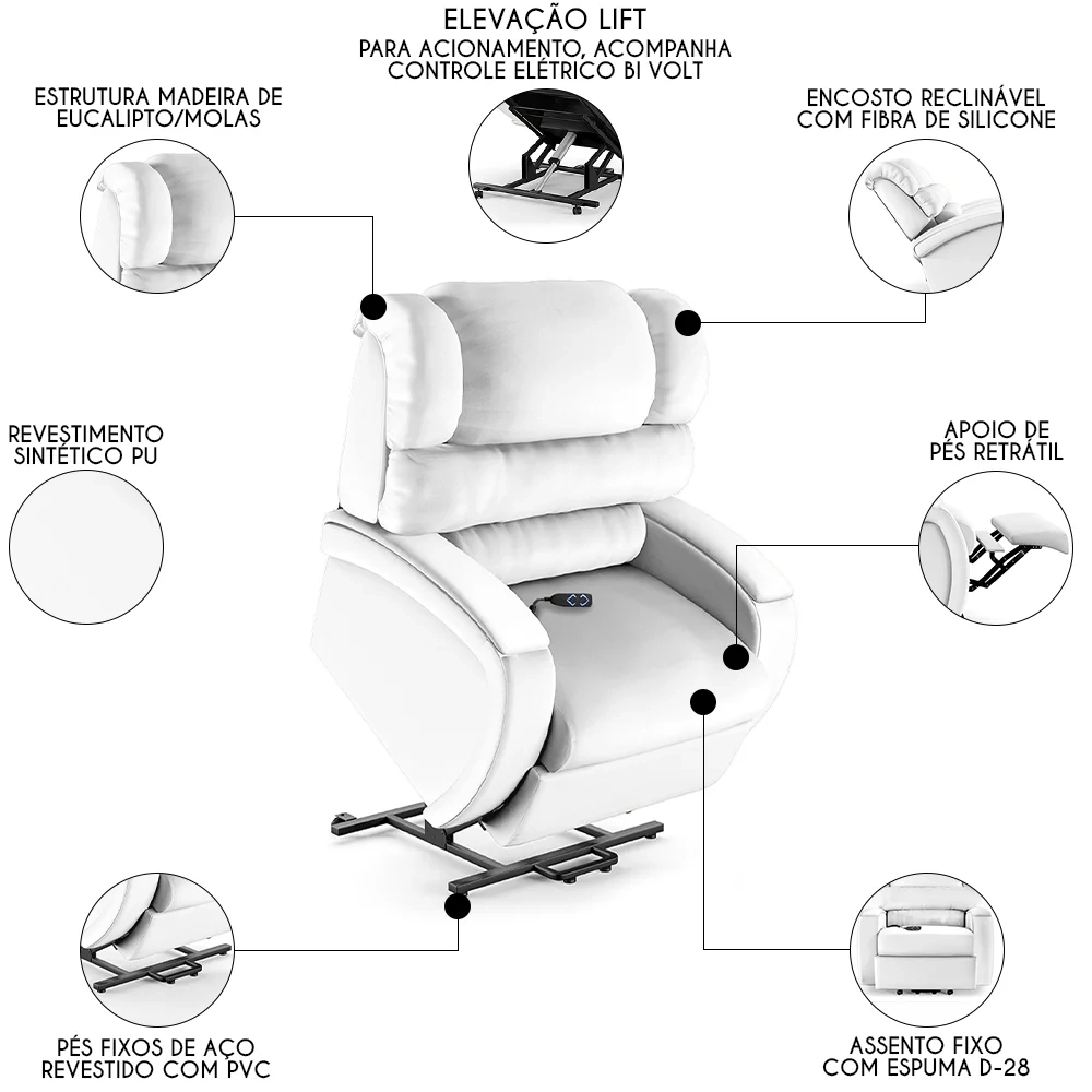 Poltrona do Papai Reclinável Kalie Elevação Lift Elétrico FH9 PU Branco - Mpozenato