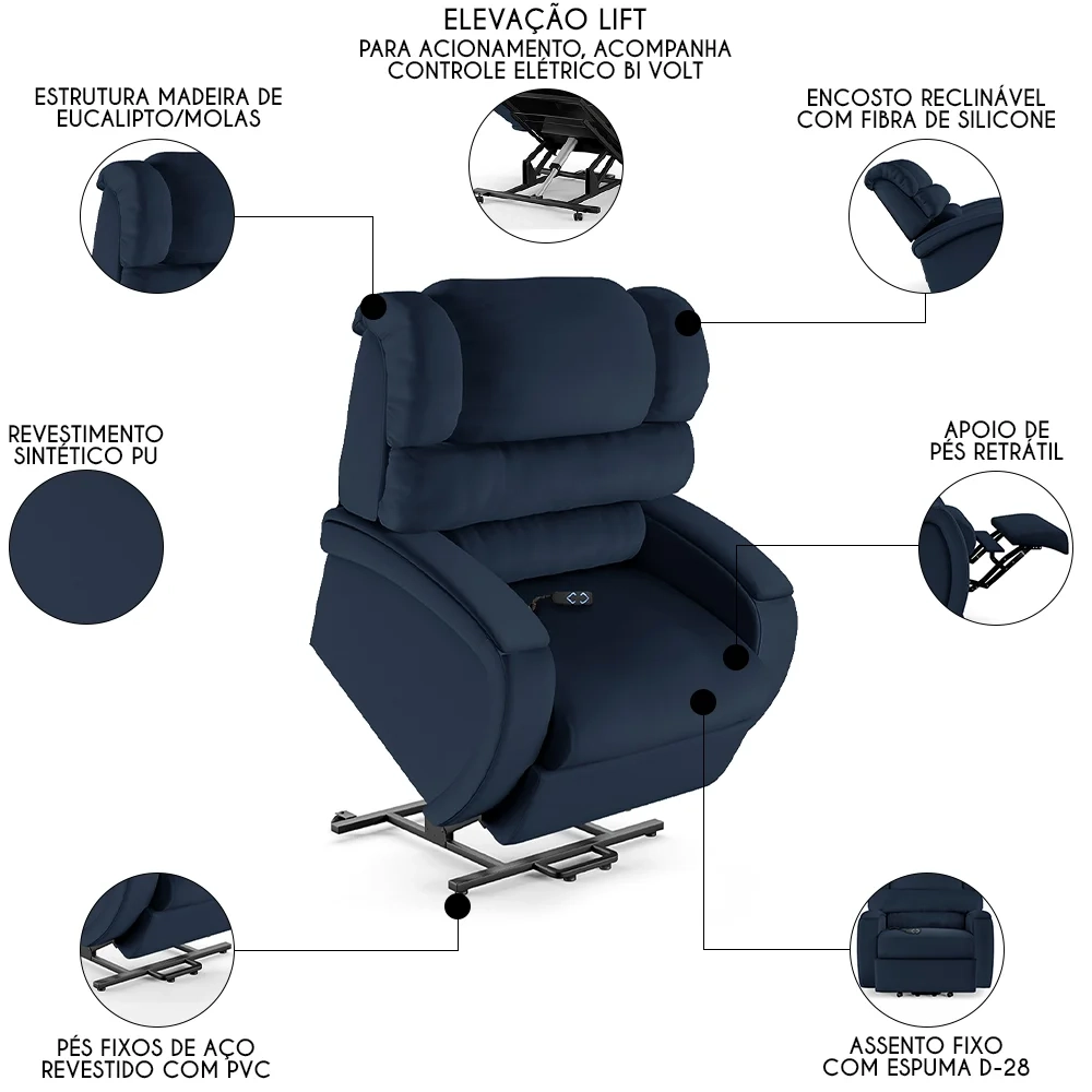 Poltrona do Papai Reclinável Kalie Elevação Lift Elétrico FH9 PU Azul - Mpozenato