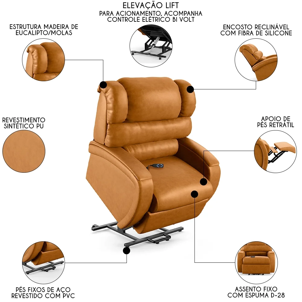 Poltrona do Papai Reclinável Kalie Elevação Lift Elétrico FH9 PU Whisky - Mpozenato