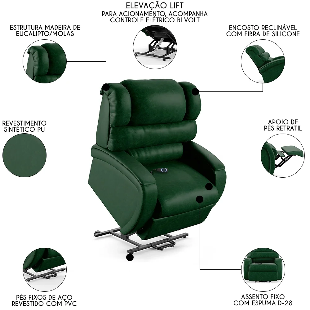 Poltrona do Papai Reclinável Kalie Elevação Lift Elétrico FH9 PU Verde Musgo - Mpozenato