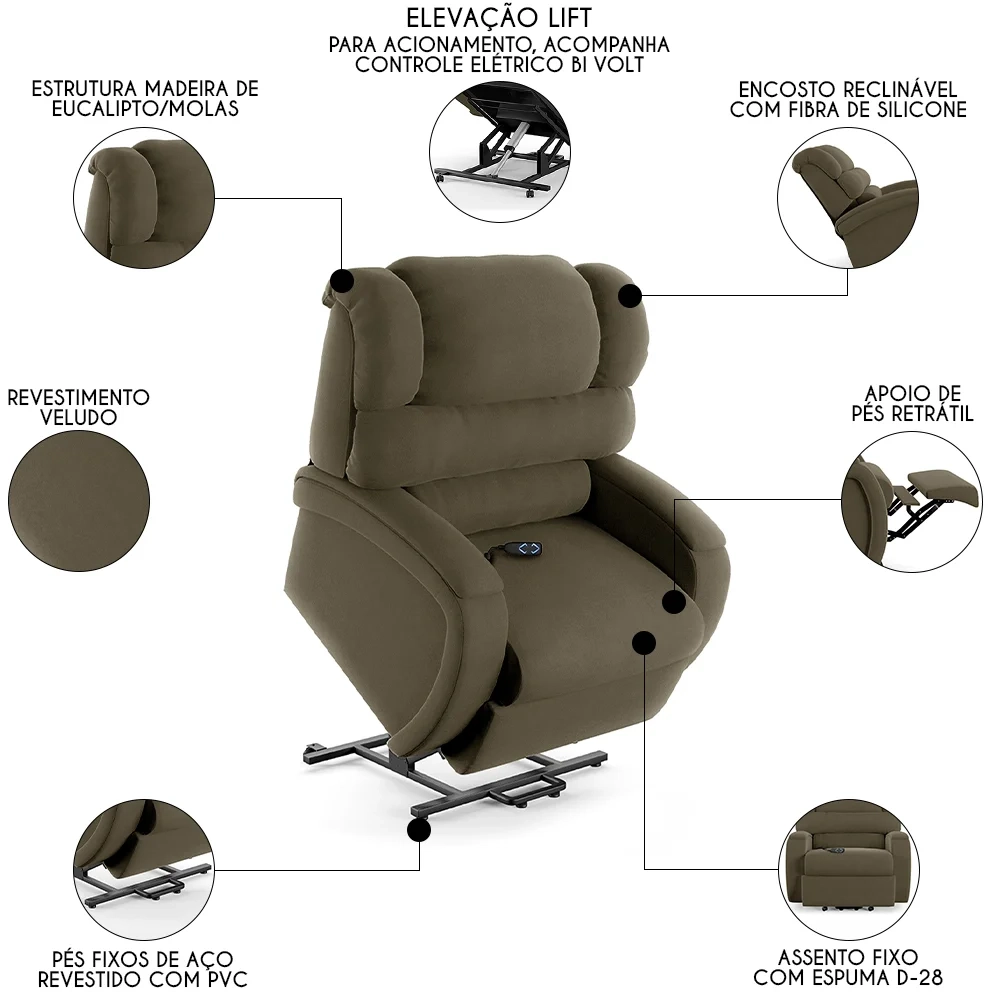 Poltrona do Papai Reclinável Kalie Elevação Lift Elétrico FH9 Veludo Capuccino - Mpozenato