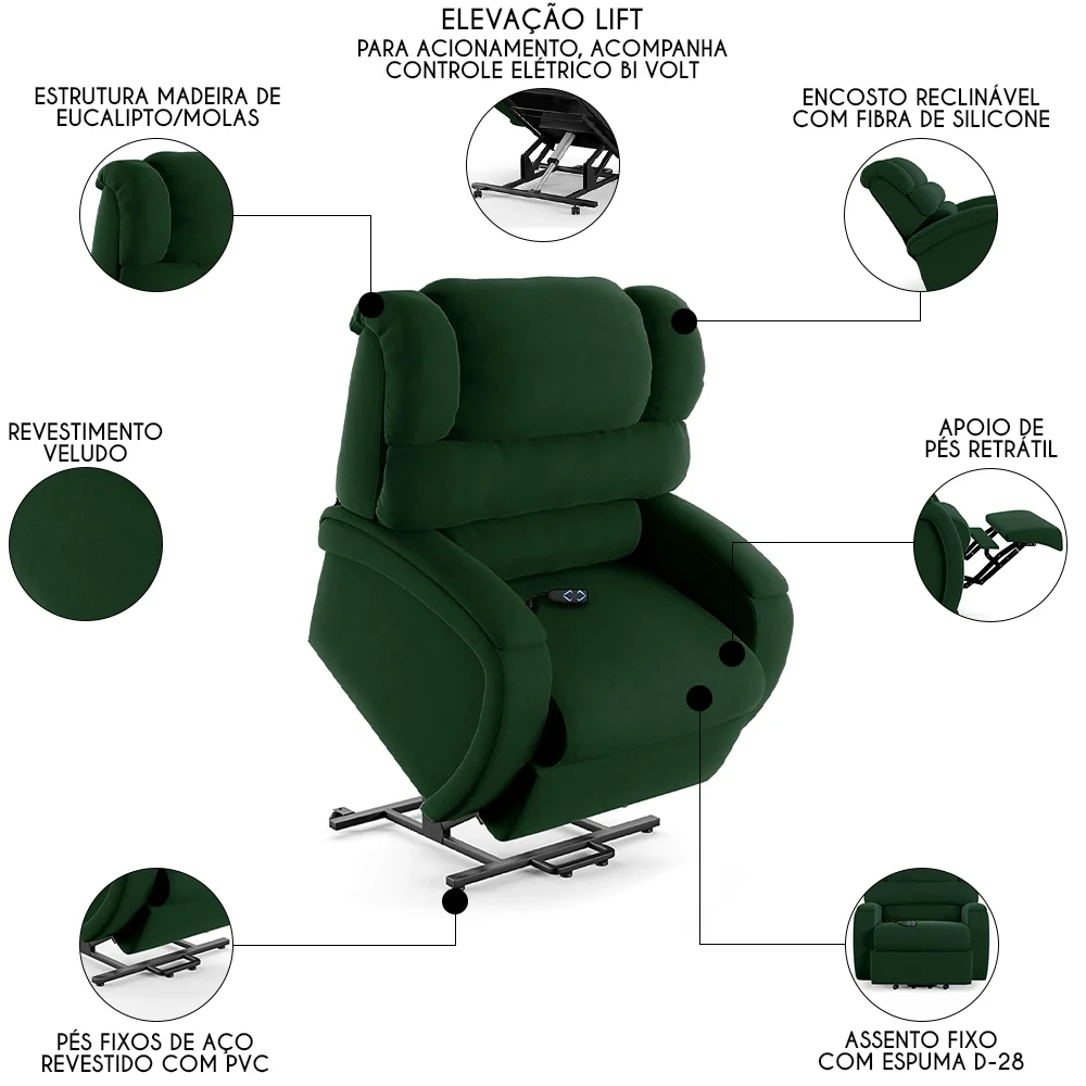 Poltrona do Papai Reclinável Kalie Elevação Lift Elétrico FH9 Veludo Verde - Mpozenato