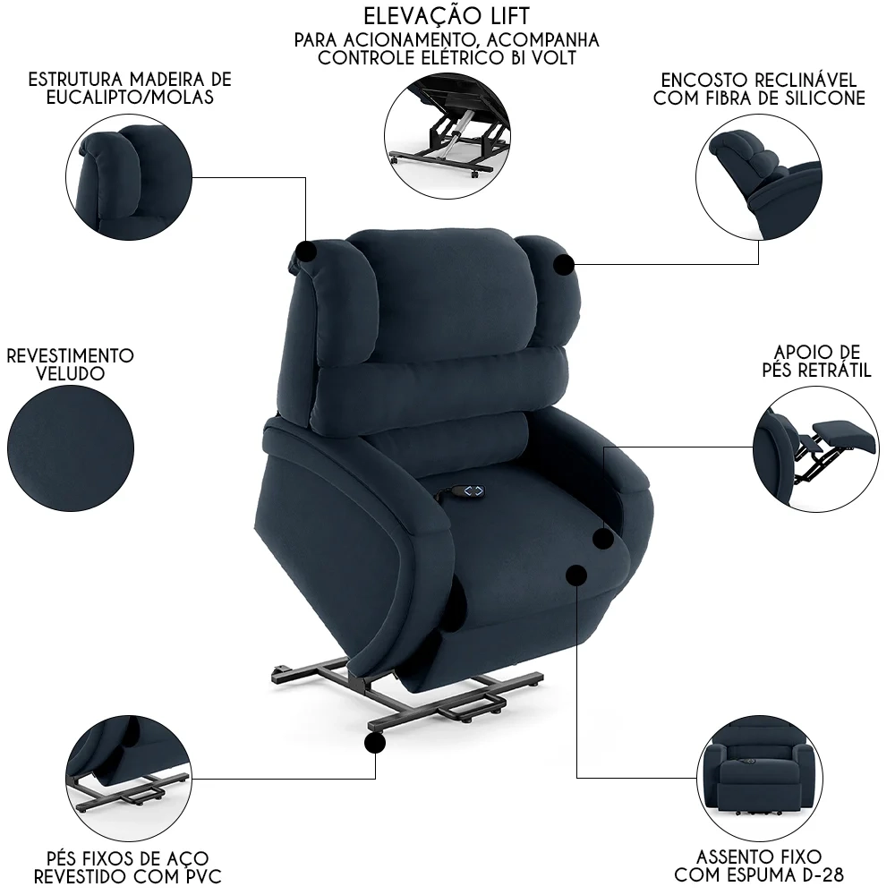 Poltrona do Papai Reclinável Kalie Elevação Lift Elétrico FH9 Veludo Azul - Mpozenato