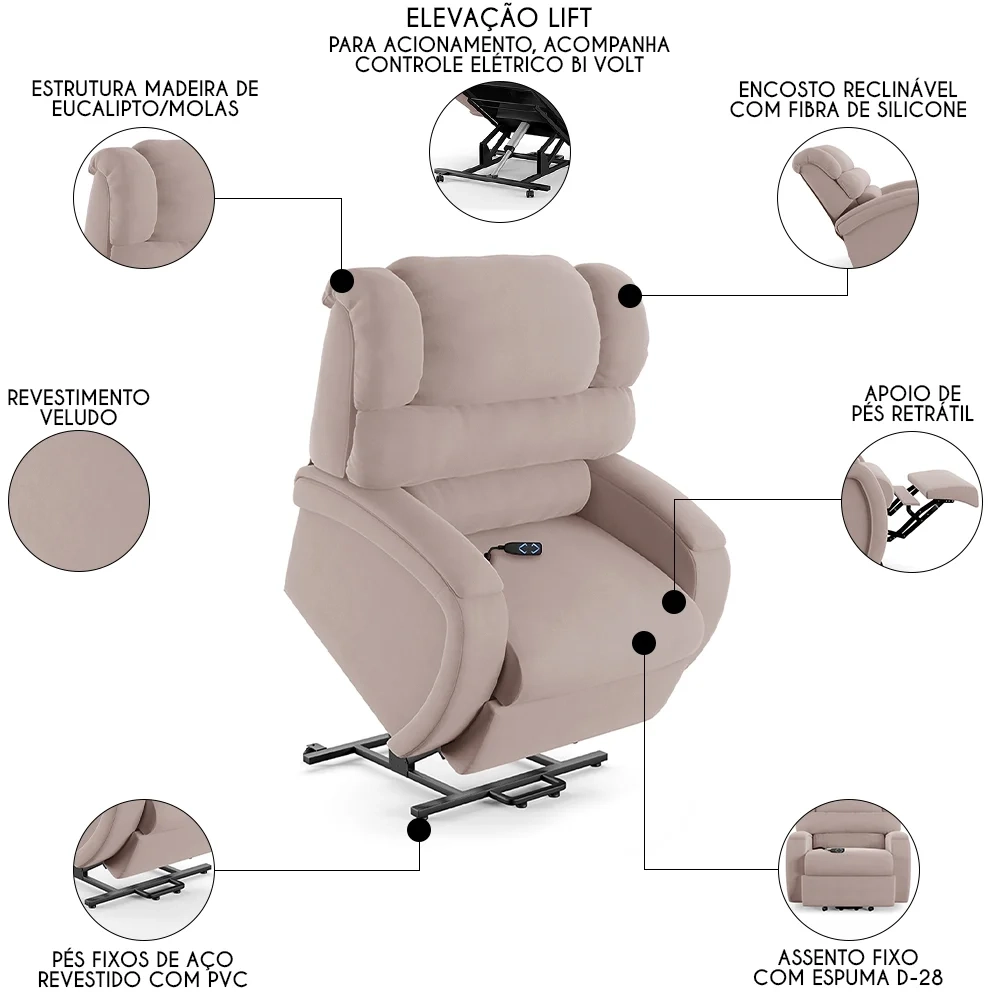 Poltrona do Papai Reclinável Kalie Elevação Lift Elétrico FH9 Veludo Rosê - Mpozenato