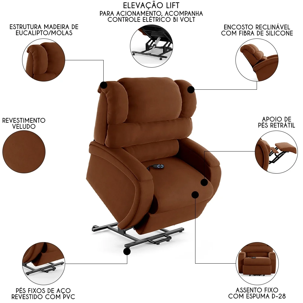 Poltrona do Papai Reclinável Kalie Elevação Lift Elétrico FH9 Veludo Terracota - Mpozenato