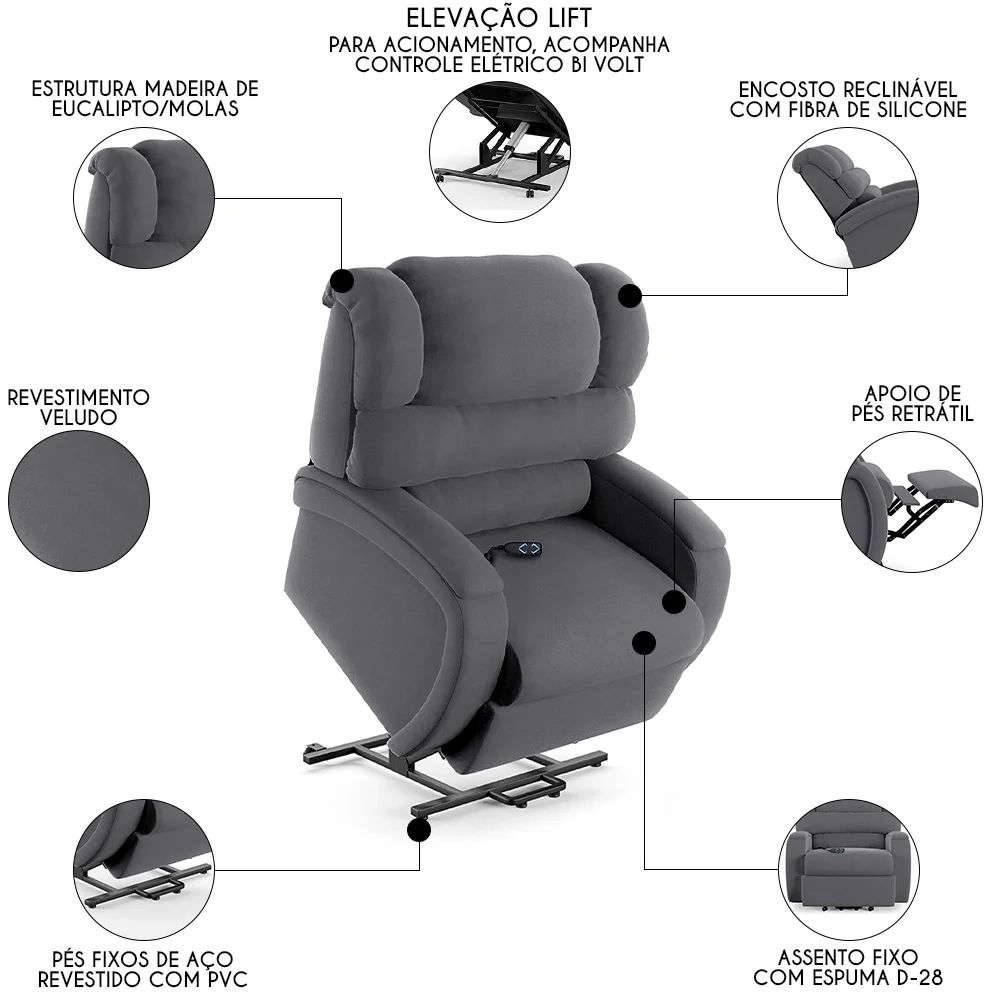 Poltrona do Papai Reclinável Kalie Elevação Lift Elétrico FH9 Veludo Cinza - Mpozenato
