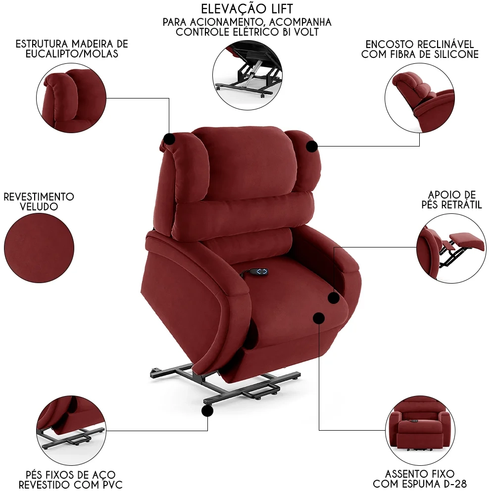 Poltrona do Papai Reclinável Kalie Elevação Lift Elétrico FH9 Veludo Vermelho - Mpozenato