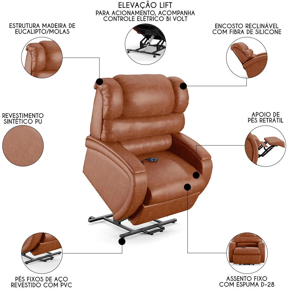 Poltrona do Papai Reclinável Kalie Elevação Lift Elétrico FH9 PU Caramelo Brilho - Mpozenato