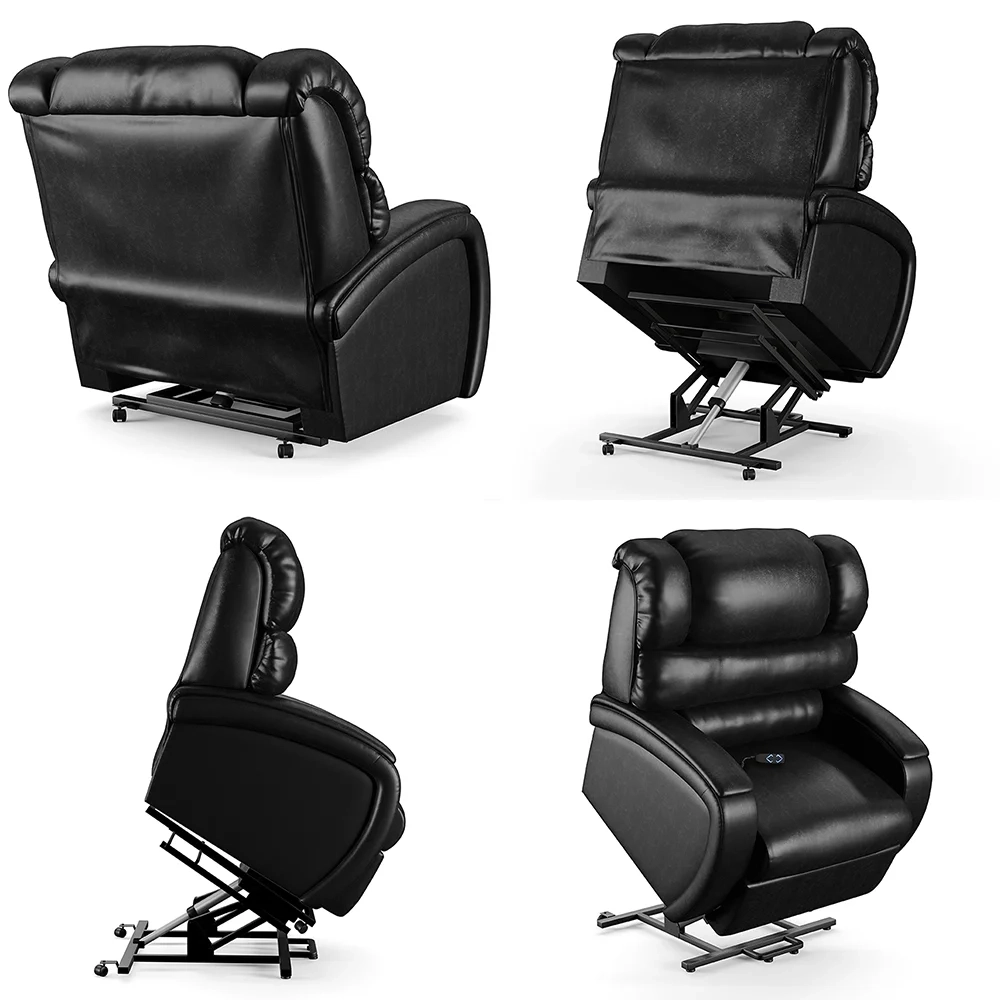 Poltrona do Papai Reclinável Kalie Elevação Lift Elétrico FH9 PU Preto Brilho - Mpozenato