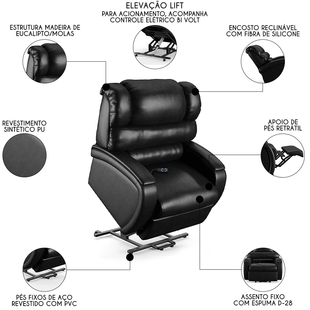 Poltrona do Papai Reclinável Kalie Elevação Lift Elétrico FH9 PU Preto Brilho - Mpozenato