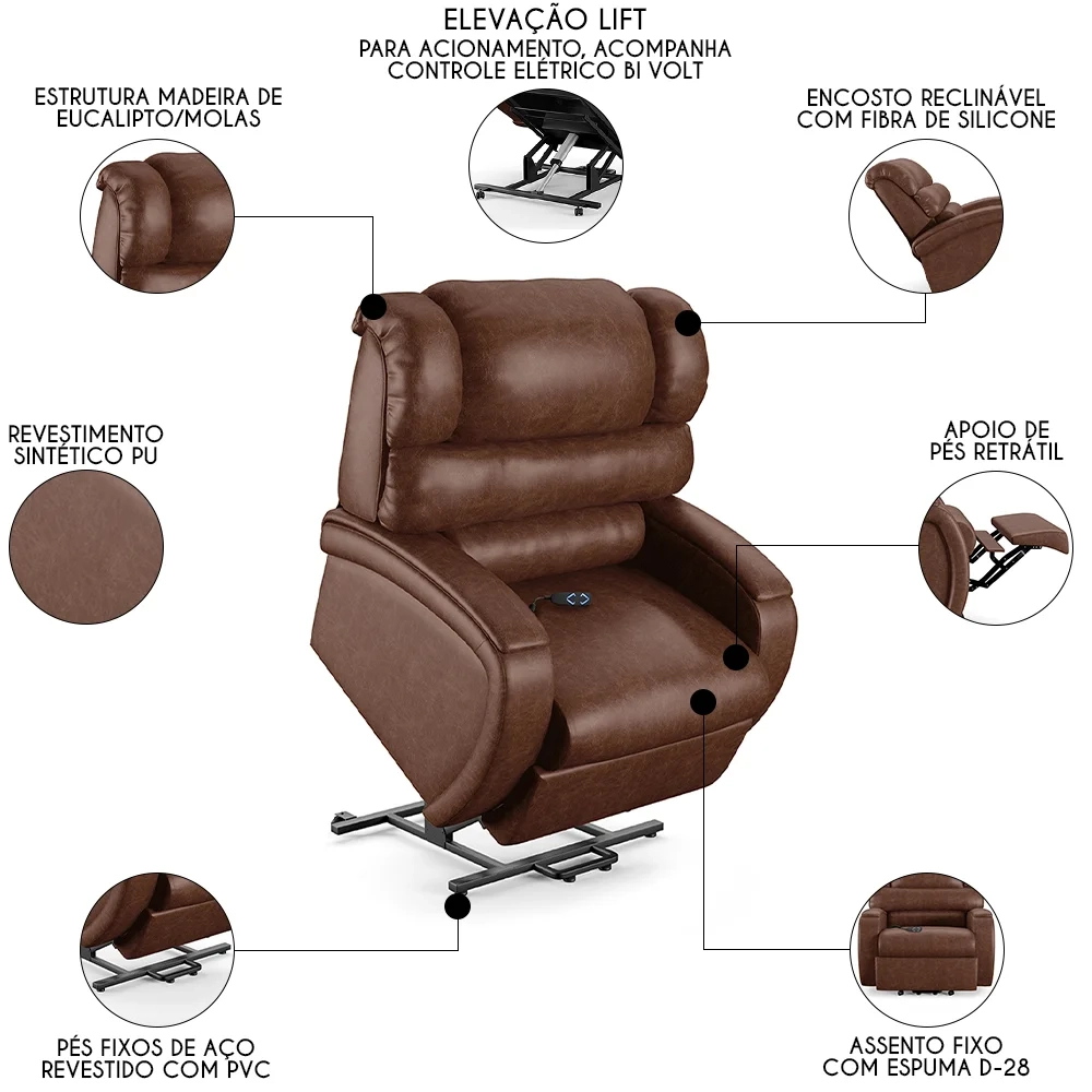 Poltrona do Papai Reclinável Kalie Elevação Lift Elétrico FH9 PU Marrom Brilho - Mpozenato