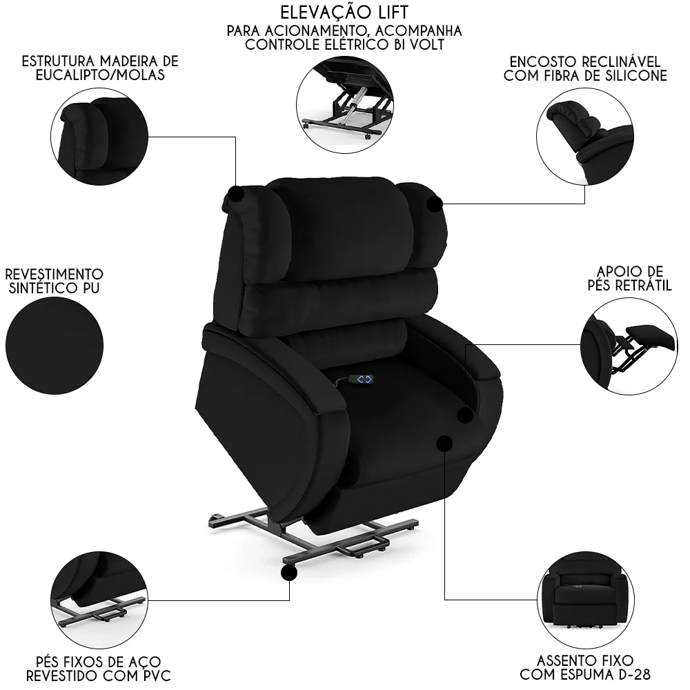 Poltrona do Papai Reclinável Kalie Elevação Lift Elétrico FH9 PU Preto - Mpozenato