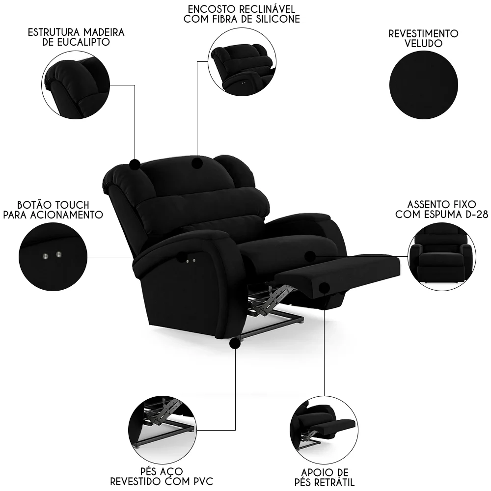 Poltrona do Papai Reclinável Kalie Power Touch FH9 Veludo Preto - Mpozenato