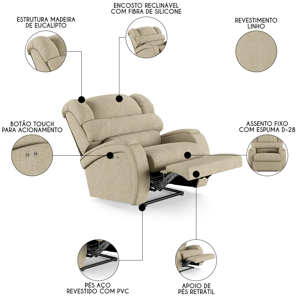 Poltrona do Papai Reclinável Kalie Power Touch FH9 Linho Bege - Mpozenato