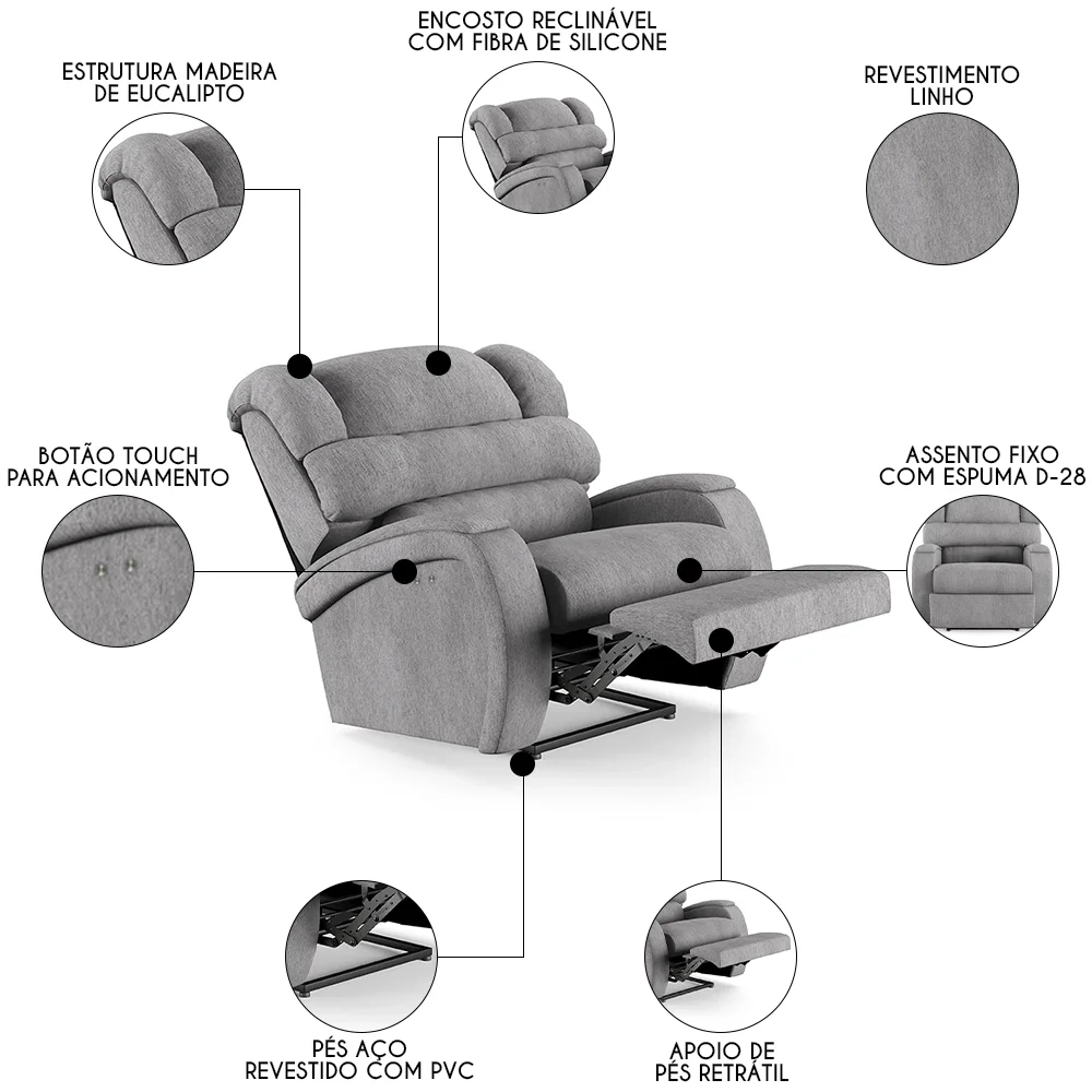 Poltrona do Papai Reclinável Kalie Power Touch FH9 Linho Cinza - Mpozenato