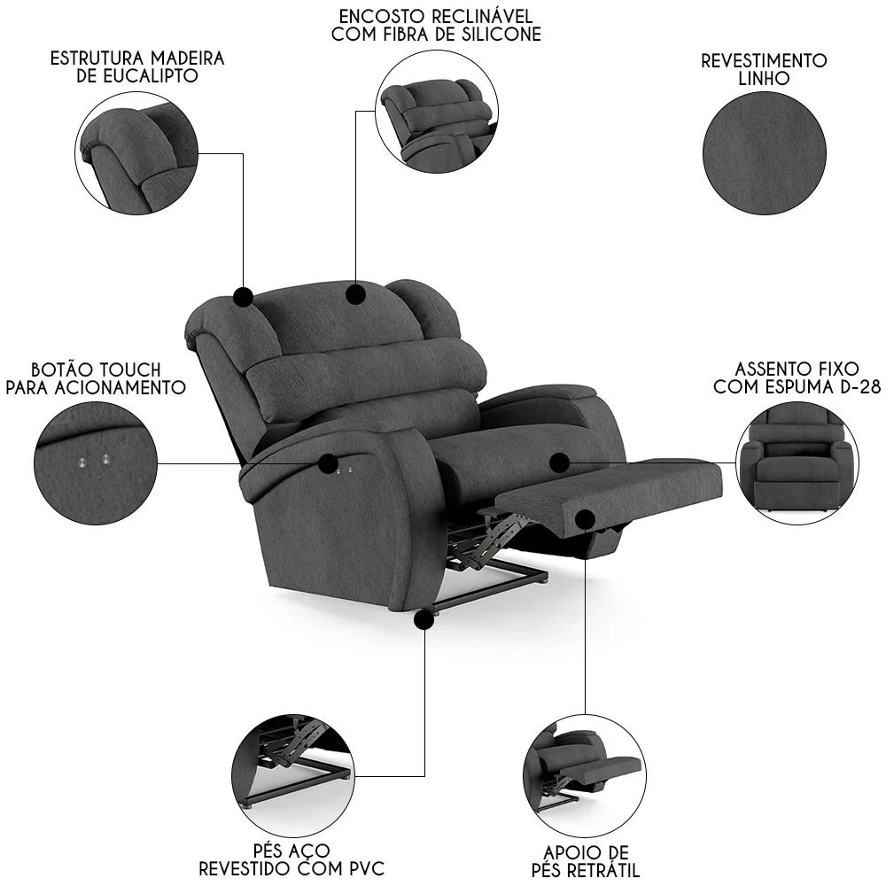 Poltrona do Papai Reclinável Kalie Power Touch FH9 Linho Grafite - Mpozenato