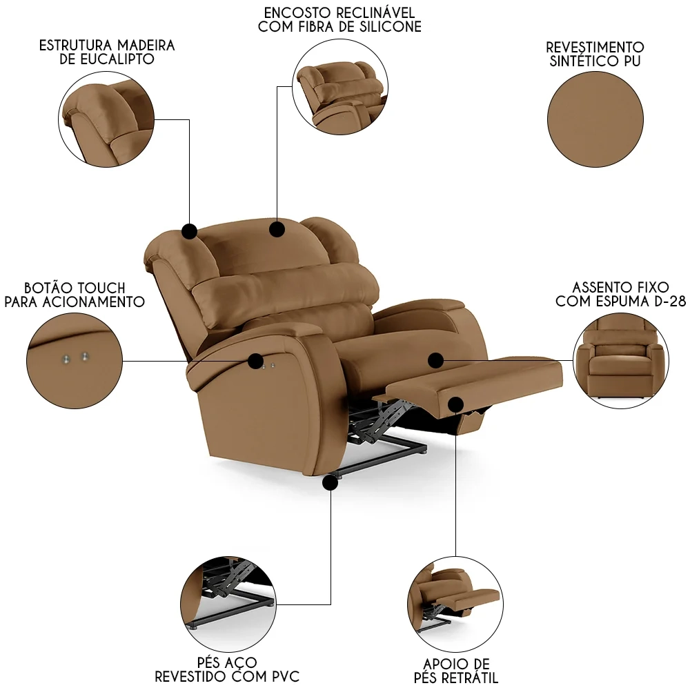 Poltrona do Papai Reclinável Kalie Power Touch FH9 PU Caramelo - Mpozenato