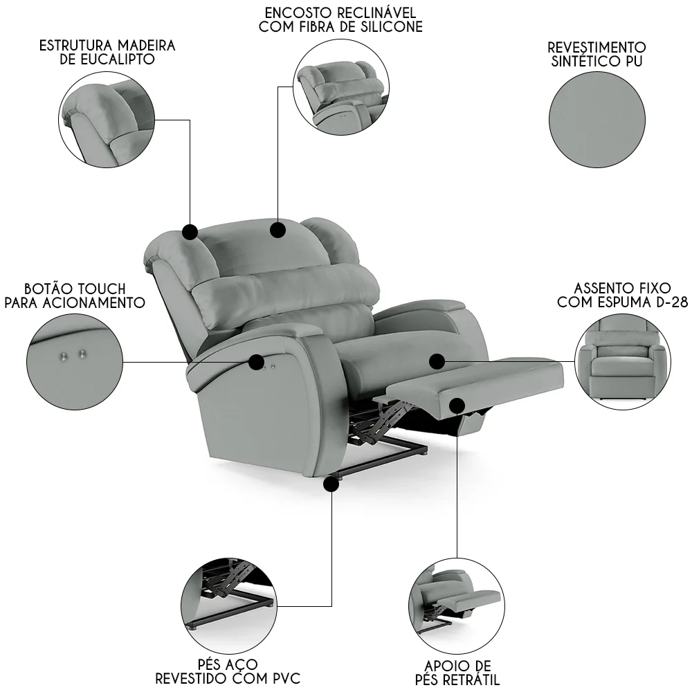Poltrona do Papai Reclinável Kalie Power Touch FH9 PU Cinza - Mpozenato
