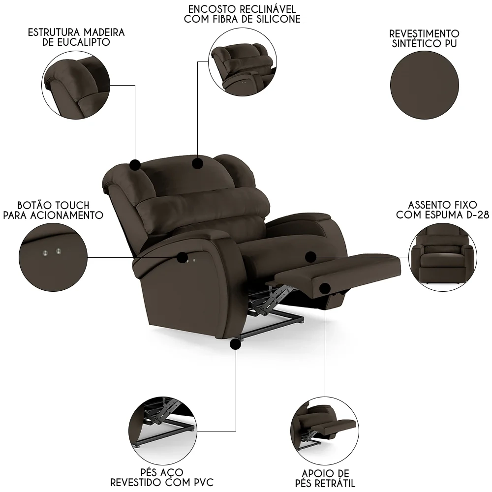 Poltrona do Papai Reclinável Kalie Power Touch FH9 PU Marrom - Mpozenato