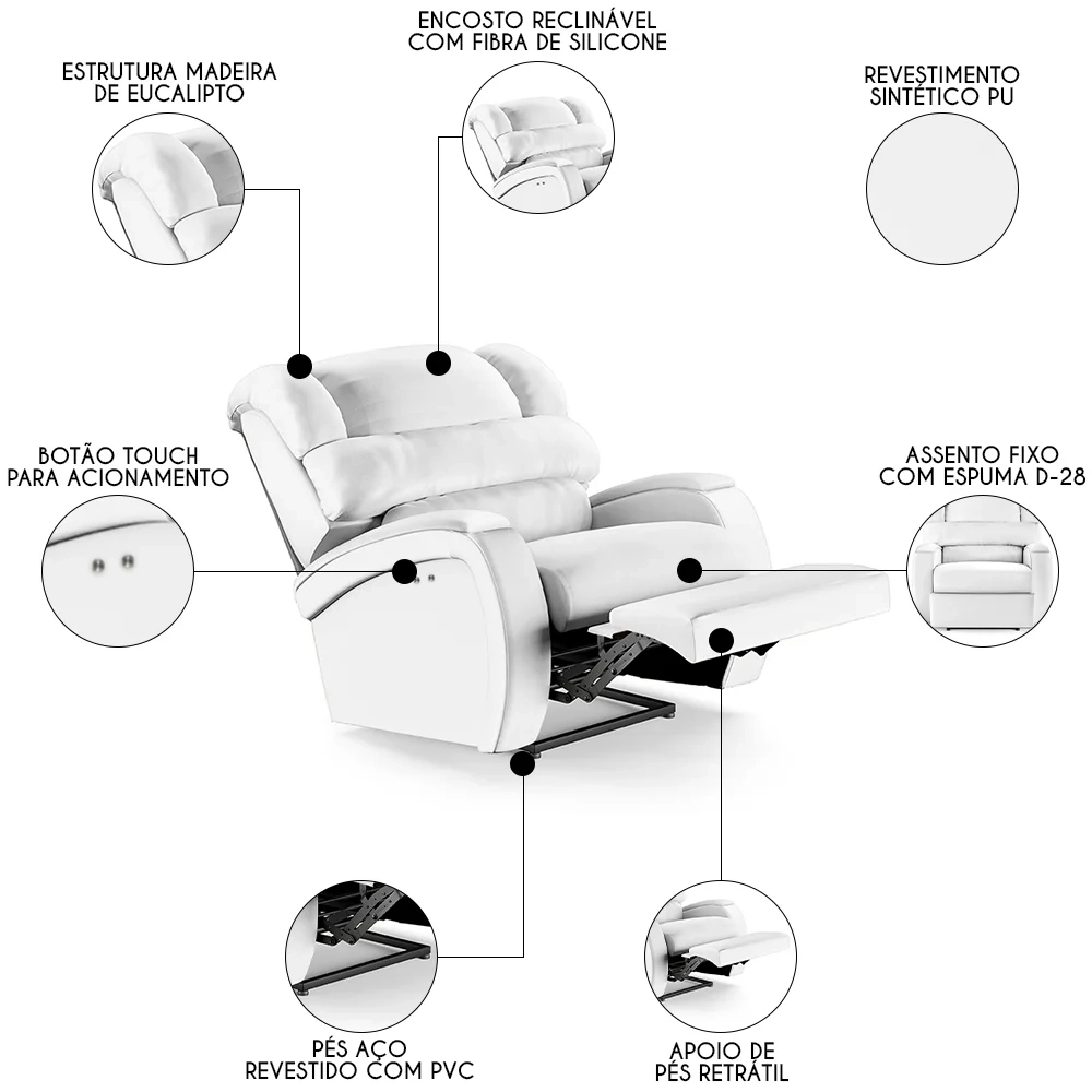 Poltrona do Papai Reclinável Kalie Power Touch FH9 PU Branco - Mpozenato